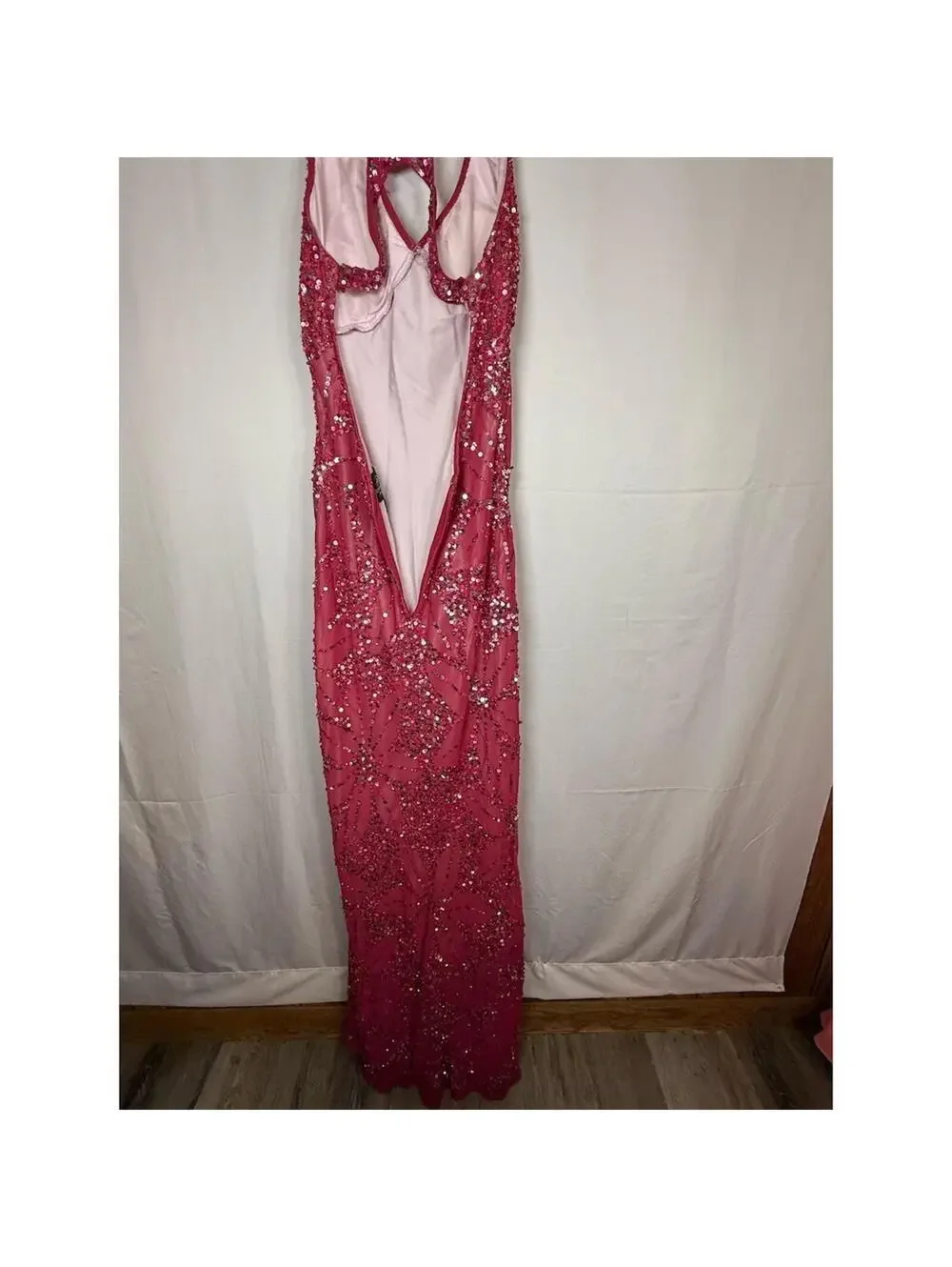 Adrianna Papell Gown Womens Size 8 Pink Sequin Halter Maxi Deep V Back Cutout - Picture 16 of 16